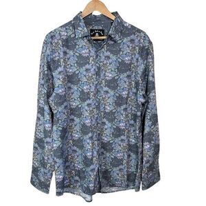 Rock Roll-n-Soul Mens Button Up Shirt XL Gray Blue Floral Long Sleeve Skull